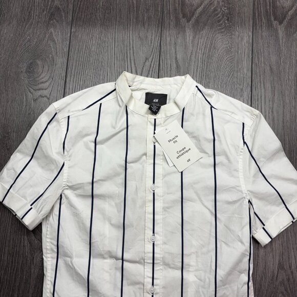 H&M Muscle Fit Striped Button Shirt White Collarless New NWT - Picture 3 of 8